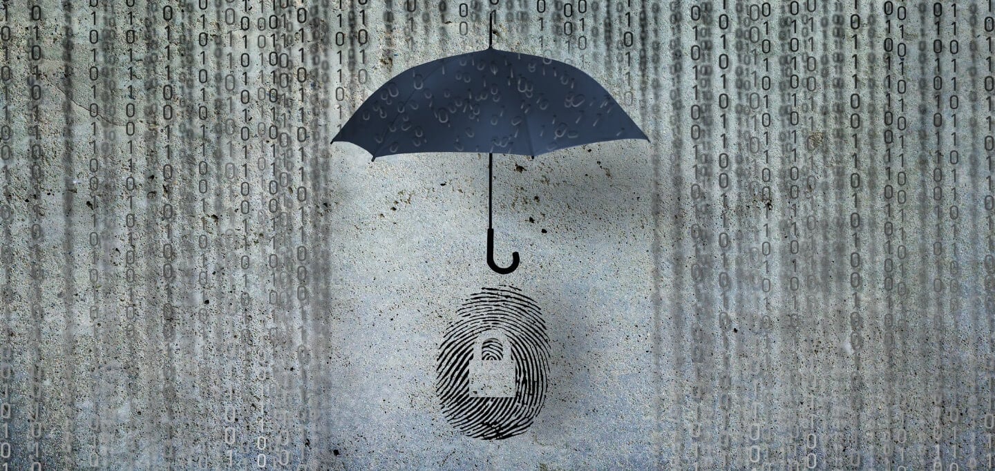 Illustration of an umbrella protecting a finger print from a rainfall of binary