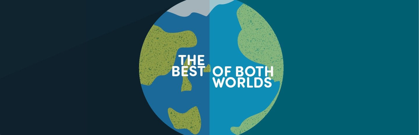 Illustration of planet Earth with the words 'The Best of Both Worlds' on top